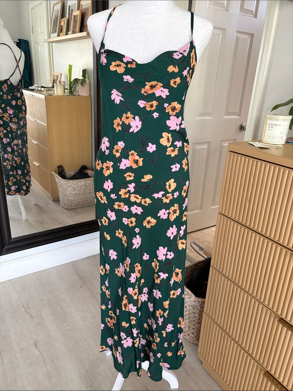 Flynn Skye Green Floral Slip Dress with Pink & Orange Blooms